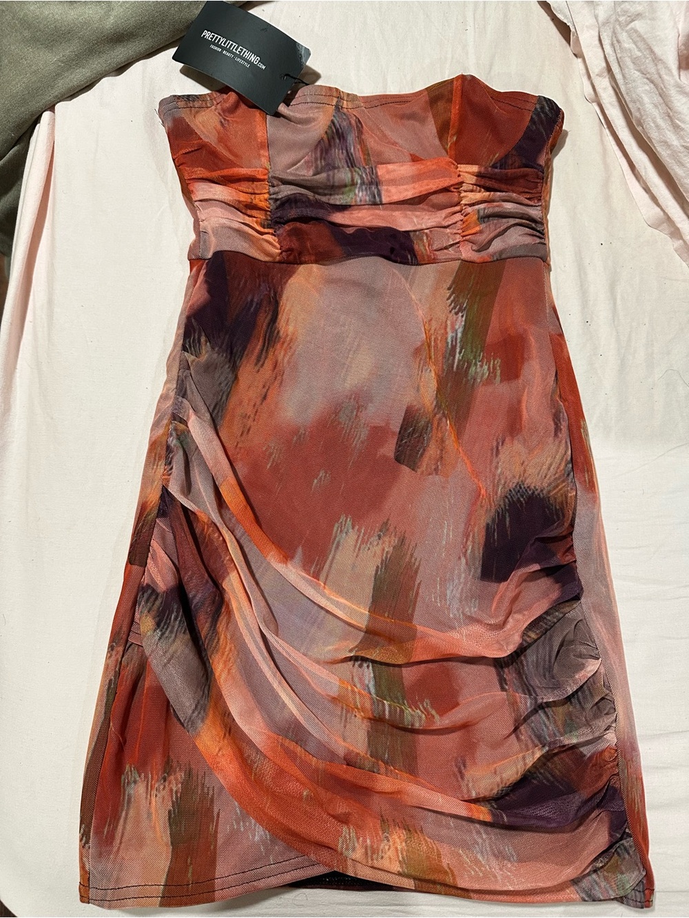 PrettyLittleThing Rust & Purple Watercolor Strapless Dress